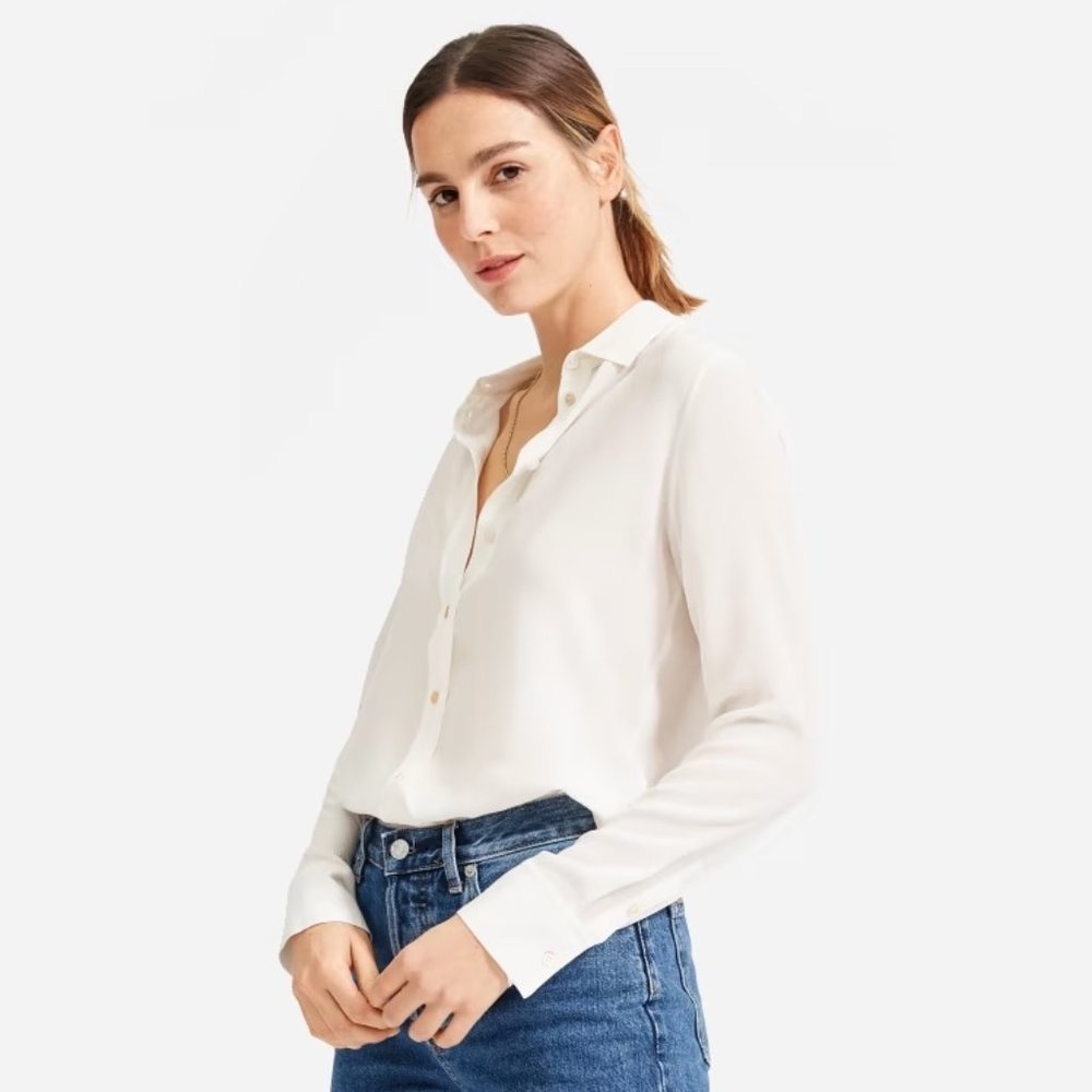 Everlane The Clean Silk Relaxed Shirt in Off-White Size 4 GUC D2373